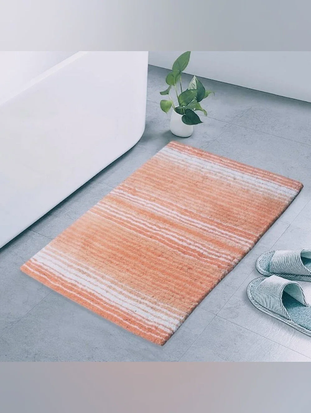 🆕 2 Rugs Home Weavers Orange Coral Striped Bath Mat - Plush Non-Slip 34x21